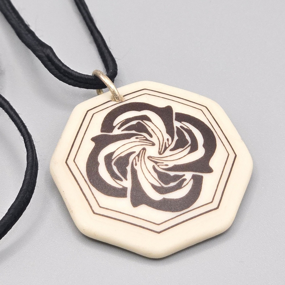 Porcelain Octagon Pendant Necklace Black Dolphin Swirl Cream Corded‎ Necklace